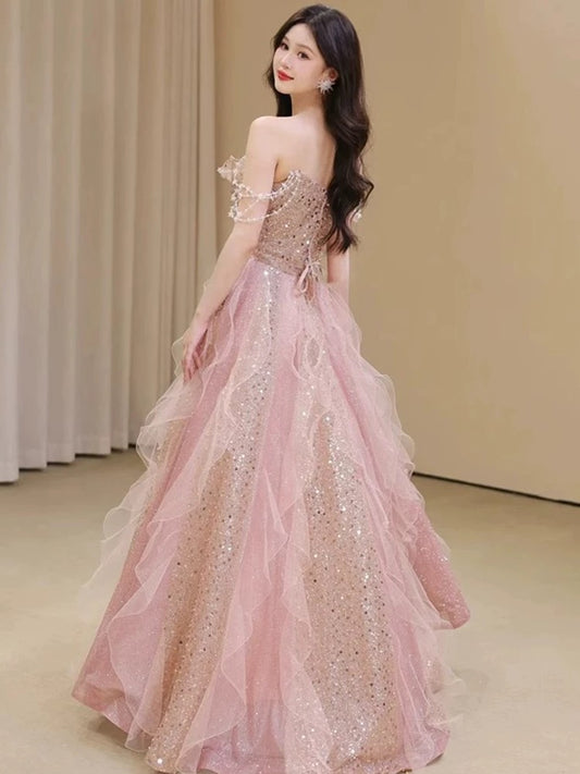 Pretty A Line Off The Shoulder Tulle Pink Floor Length Evening Dress Prom Dresses SD1639