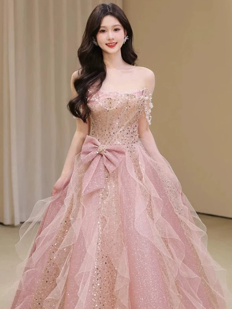 Pretty A Line Off The Shoulder Tulle Pink Floor Length Evening Dress Prom Dresses SD1639