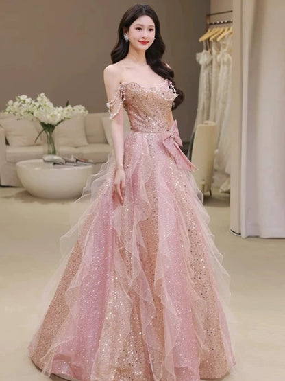 Pretty A Line Off The Shoulder Tulle Pink Floor Length Evening Dress Prom Dresses SD1639