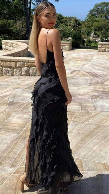 Sexy Mermaid Spaghetti Straps Floor Length Black Chiffon Evening Dress Prom Dresses SD1640