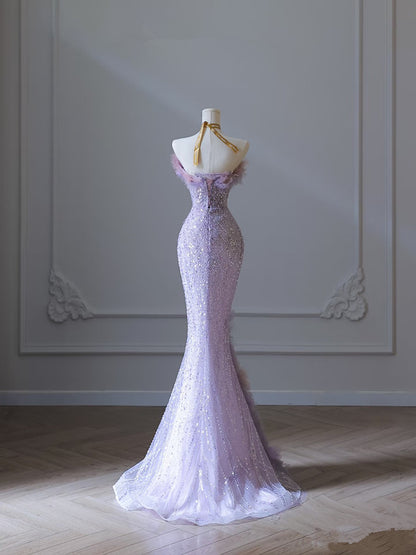 Modest Mermaid Sweetheart Lilac Tulle Sequin Flowers Evening Dress Prom Dresses SD1645