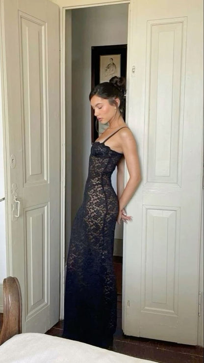 Sexy Mermaid Spaghetti Straps Black Lace Long Evening Dress Prom Dresses SD1646