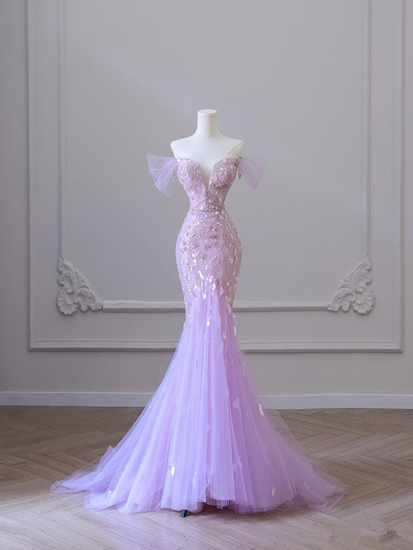 Modest Mermaid Off The Shoulder Lilac Tulle Flowers Evening Dress Long Prom Dresses SD1648