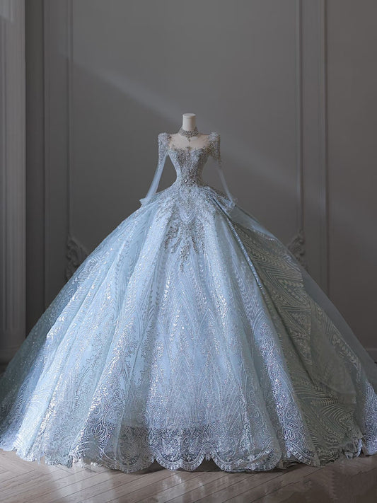 Princess Ball Gown Scoop Neckline Long Sleeves Sequin Light Sky Blue Long Wedding Dresses Brides Dress SD1657