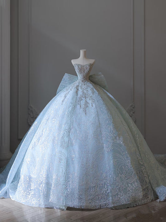 Princess Ball Gown Strapless Neckline Long Sequin Light Sky Blue Long Wedding Dresses Brides Dress SD1658