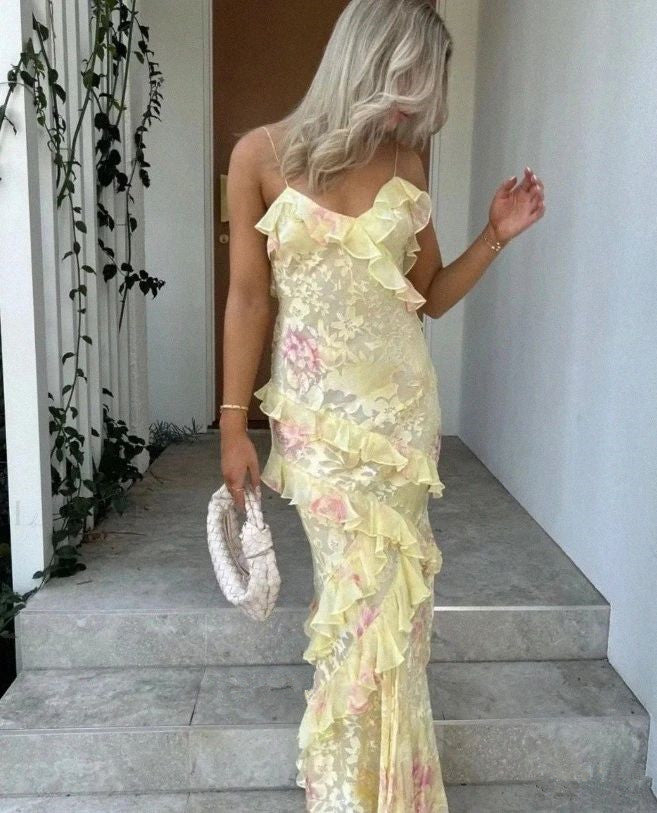 Sexy Mermaid Spaghetti Straps Floor Length Floral Yellow Chiffon Evening Dress Prom Dresses SD1659