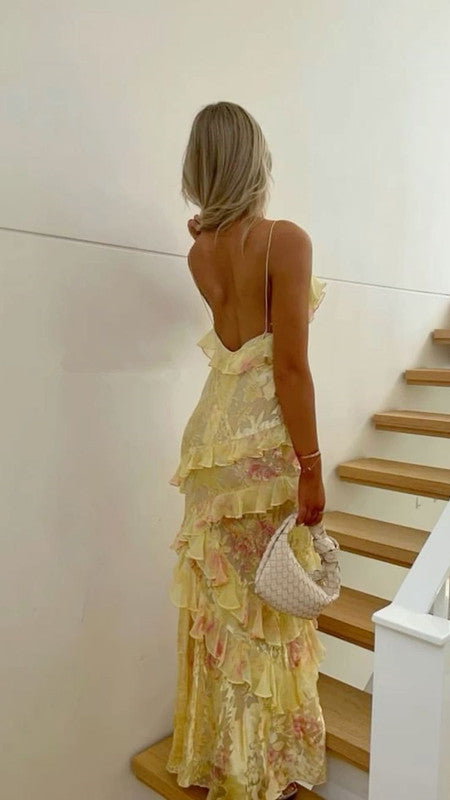 Sexy Mermaid Spaghetti Straps Floor Length Floral Yellow Chiffon Evening Dress Prom Dresses SD1662