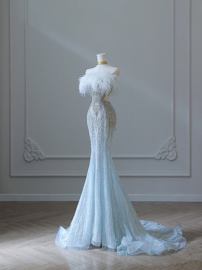 Princess Mermaid Strapless Neckline Long Sequin Light Sky Blue Long Wedding Dresses Brides Dress SD1662