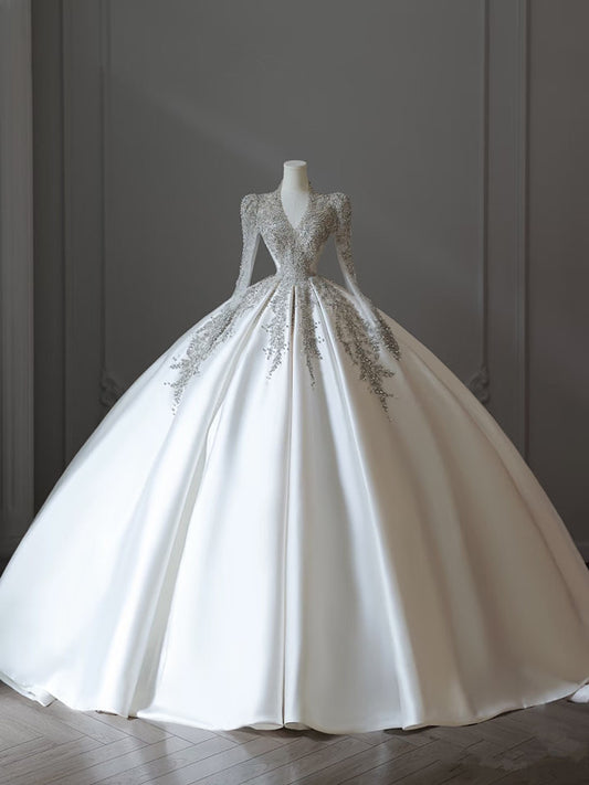 Princess Ball Gown V Neckline Long Sleeves Pleats Beads White Satin Wedding Dresses SD1665