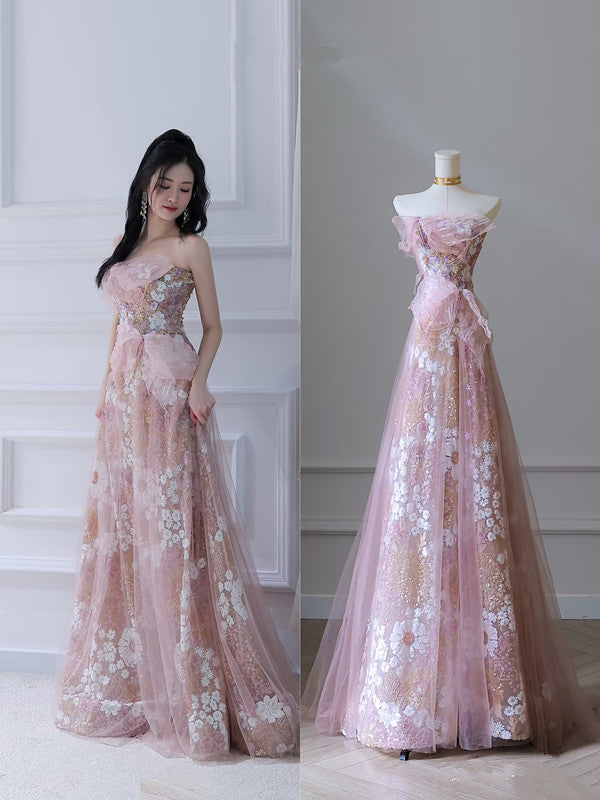 Modest A Line Strapless Pink Tulle Flowers Evening Dress Prom Dresses SD1649