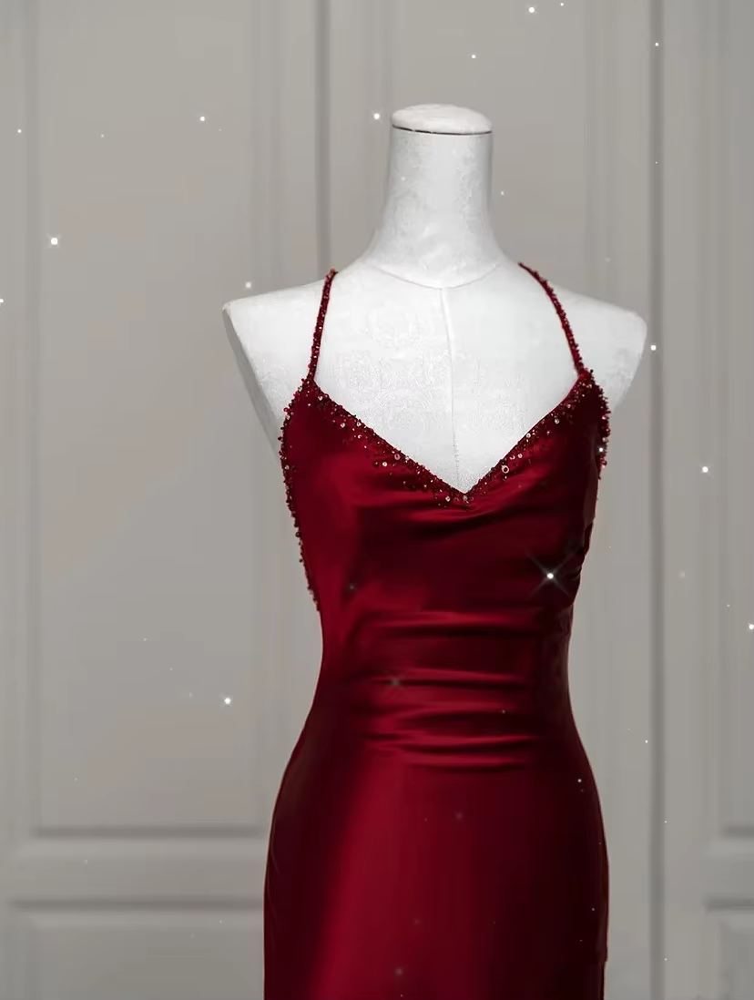 Sexy Mermaid Spaghetti Straps Floor Length Burgundy Satin Backless Prom Dresses SD1667