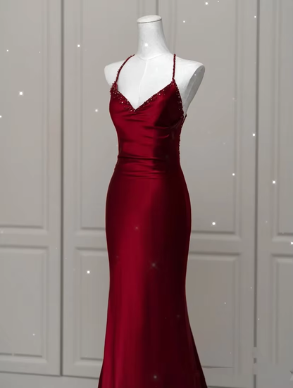 Sexy Mermaid Spaghetti Straps Floor Length Burgundy Satin Backless Prom Dresses SD1667