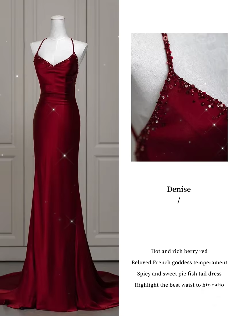 Sexy Mermaid Spaghetti Straps Floor Length Burgundy Satin Backless Prom Dresses SD1667