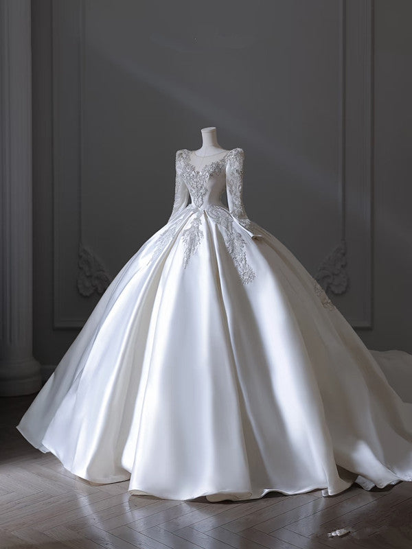 Princess Ball Gown Scoop Neckline Long Sleeves Pleats Beads White Satin Wedding Dresses SD1700