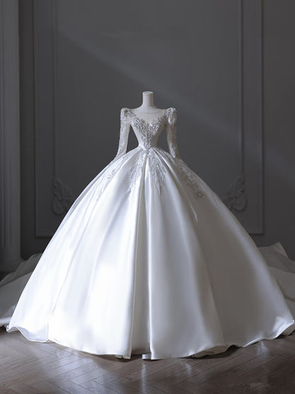 Princess Ball Gown Scoop Neckline Long Sleeves Pleats Beads White Satin Wedding Dresses SD1700