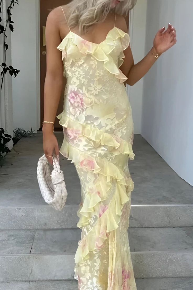 Sexy Mermaid Spaghetti Straps Floor Length Floral Yellow Chiffon Evening Dress Lace Prom Dresses SD1707