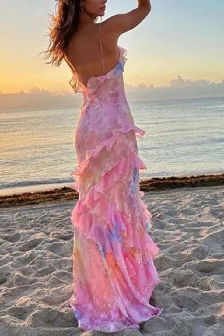 Sexy Mermaid Spaghetti Straps Floor Length Floral Pink Chiffon Evening Dress Lace Prom Dresses S1707