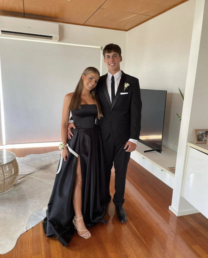 Pretty A Line Strapless Black Satin Evening Dress With Split Prom Dresses SD1715