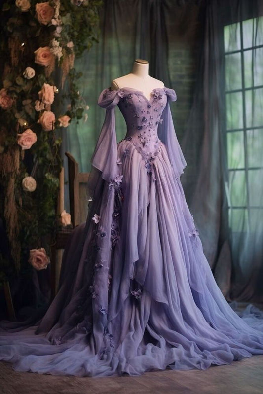 Retro Ball Gown Off The Shoulder Lilac Tulle Flowers Evening Dress Prom Dresses SD1739