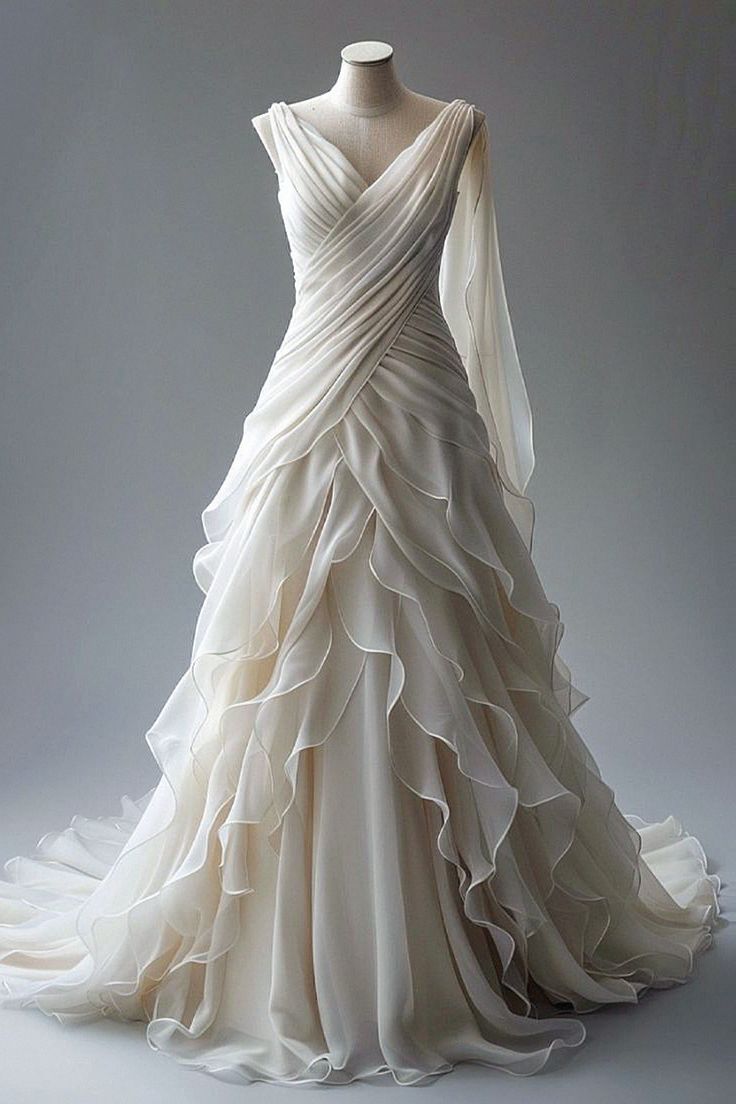 Princess Ball Gown V Neckline Pleats White Chiffon Wedding Dresses SD1741