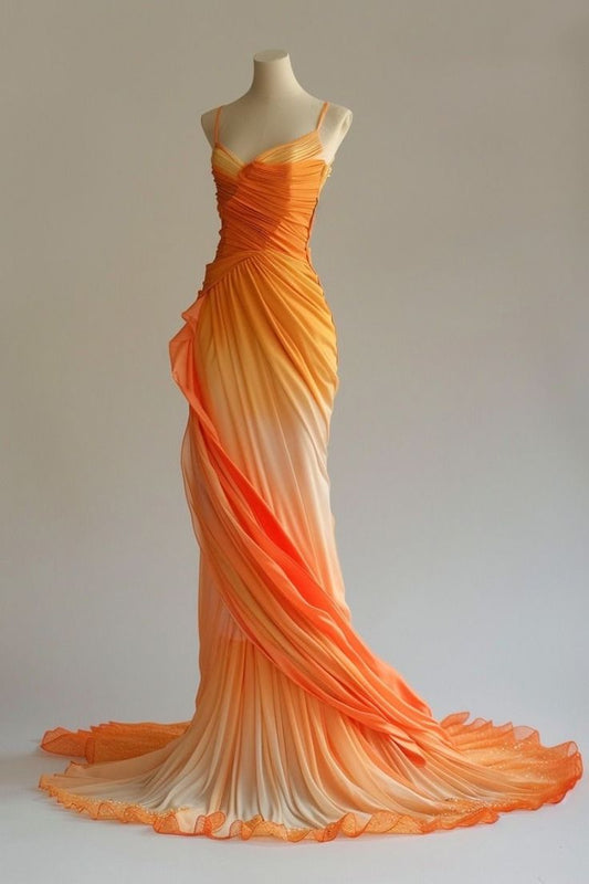 Retro A line Spaghetti Straps Orange Ombre Chiffon Long Evening Dress Prom Dresses SD1743