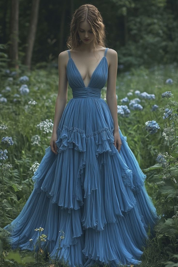 Retro Ball Gown Spaghetti Straps Blue Chiffon Long Evening Dress Prom Dresses SD1744