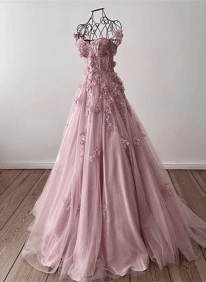 Retro Lavender Off Shoulder Tulle Floral Party Dress Tulle Prom Dress Evening Dress SD1747