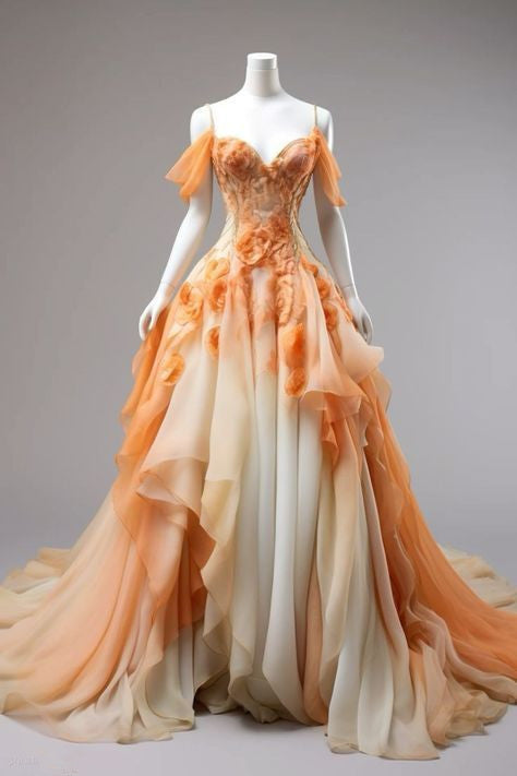 Retro Ball Gown Off The Shoulder Orange Chiffon Ombre Evening Dress Prom Dresses SD1750