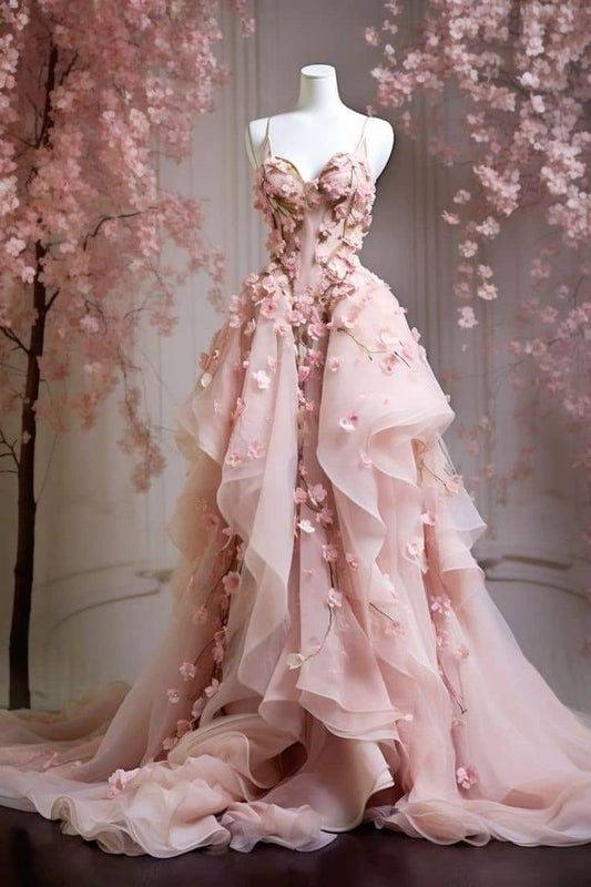 Retro Ball Gown Spaghetti Straps Pink Floral Tulle Evening Dress Prom Dresses SD1752