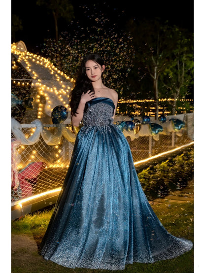 Retro Ball Gown Strapless Neckline Sequin Blue Party Dress Long Prom Dress Evening Dresses SD1754