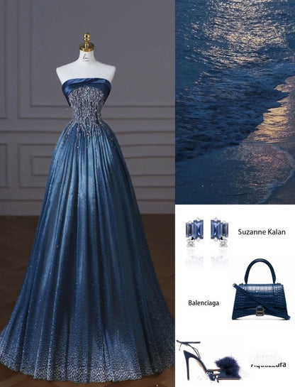 Retro Ball Gown Strapless Neckline Sequin Blue Party Dress Long Prom Dress Evening Dresses SD1754