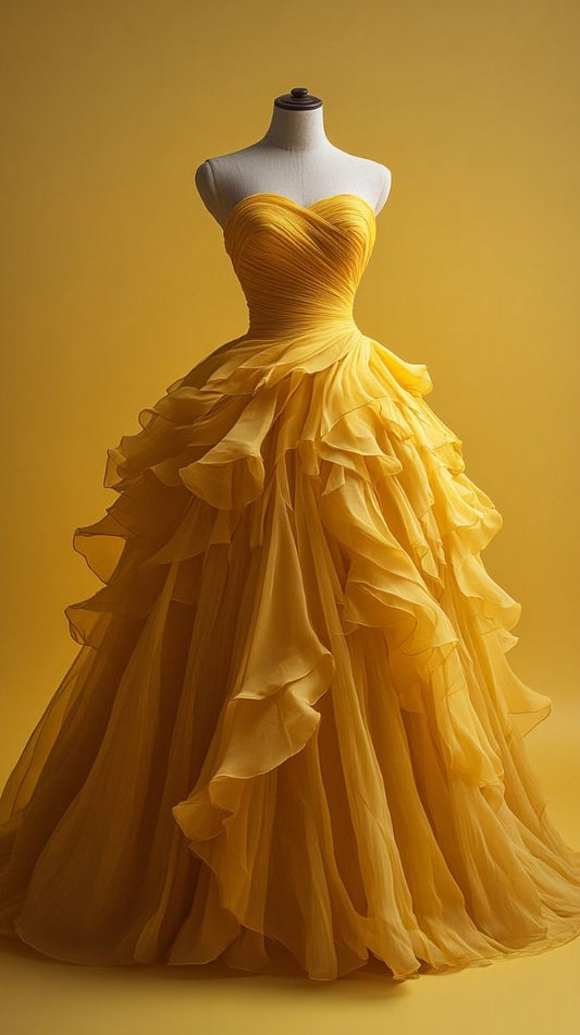 Retro Ball Gown Sweetheart Tulle Yellow Party Dress Prom Dress Evening Dress SD1762