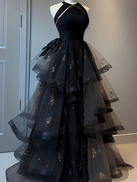 Retro Ball Gown Scoop Neckline Black Tulle Party Dress Prom Dresses Evening Dress SD1767