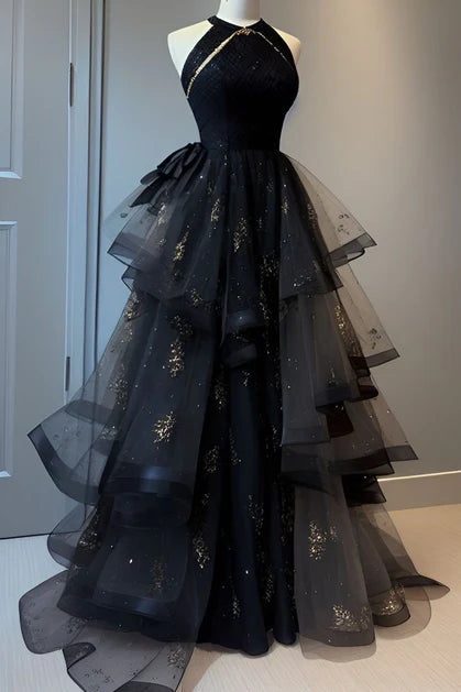 Retro Ball Gown Scoop Neckline Black Tulle Party Dress Prom Dresses Evening Dress SD1767