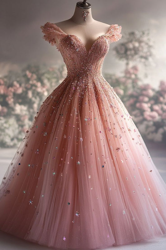 Aesthetic Ball Gown Off The Shoulder Pink Tulle Party Dress Long Prom Dress Evening Dresses SD1768