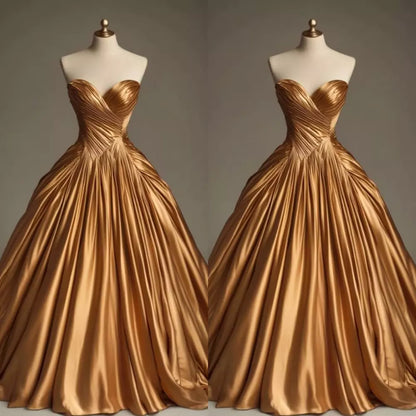 Retro Ball Gown Sweetheart Satin Gold Party Dress Prom Dresses Evening Dress SD1769