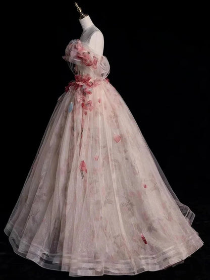 Aesthetic Ball Gown Off The Shoulder Pink Lace Party Dress Long Prom Dress Evening Dresses SD1772