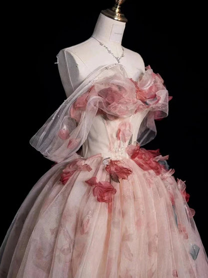 Aesthetic Ball Gown Off The Shoulder Pink Lace Party Dress Long Prom Dress Evening Dresses SD1772