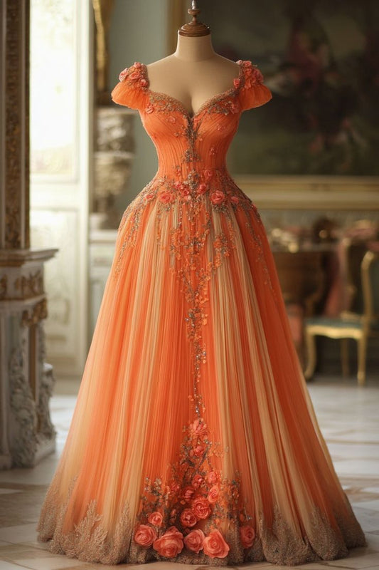 Aesthetic Ball Gown Sweetheart Orange Chiffon Floral Evening Dress Long Prom Dresses SD1779