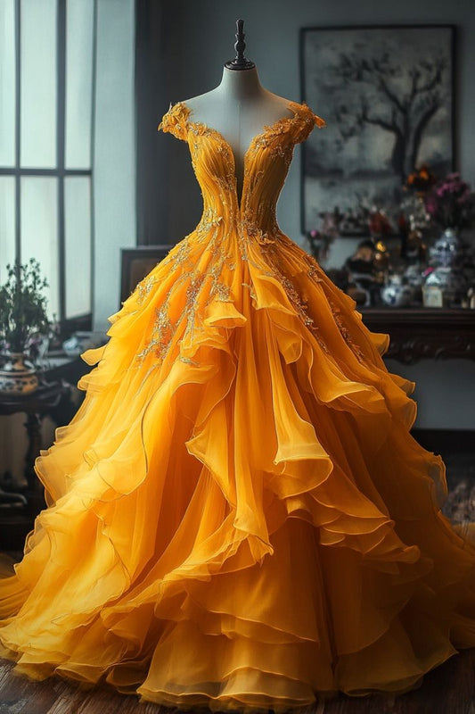 Aesthetic Ball Gown Off The Shoulder Yellow Tulle Party Dress Long Prom Dresses Evening Dresses SD1784