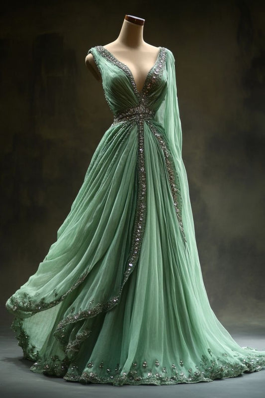 Aesthetic Ball Gown V Neckline Green Tulle Party Dress Long Prom Dresses Evening Dresses SD1787