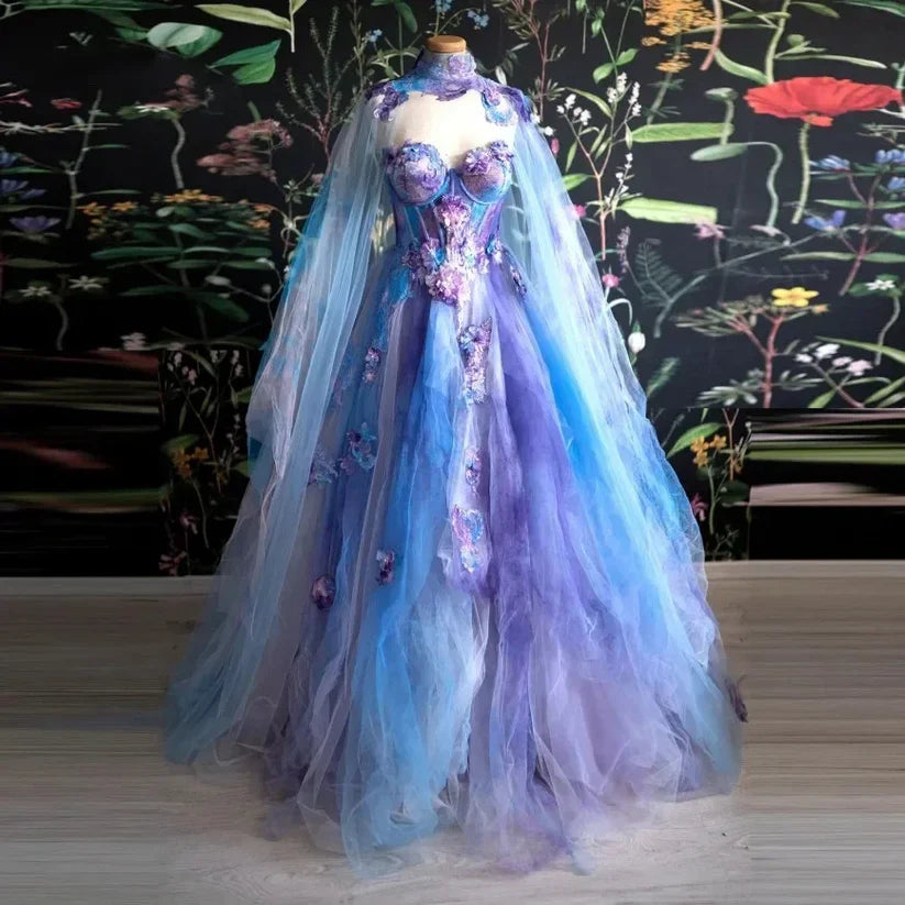 Retro Ball Gown Sweetheart Lace Layers Evening Dress Prom Dresses With Cape SD1794