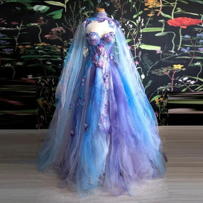 Retro Ball Gown Sweetheart Lace Layers Evening Dress Prom Dresses With Cape SD1794