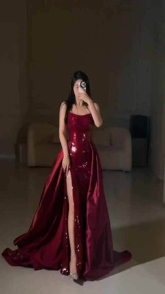 Modest Mermaid Strapless Burgundy Floor Length Evening Dress Sequin Prom Dresses SD1797