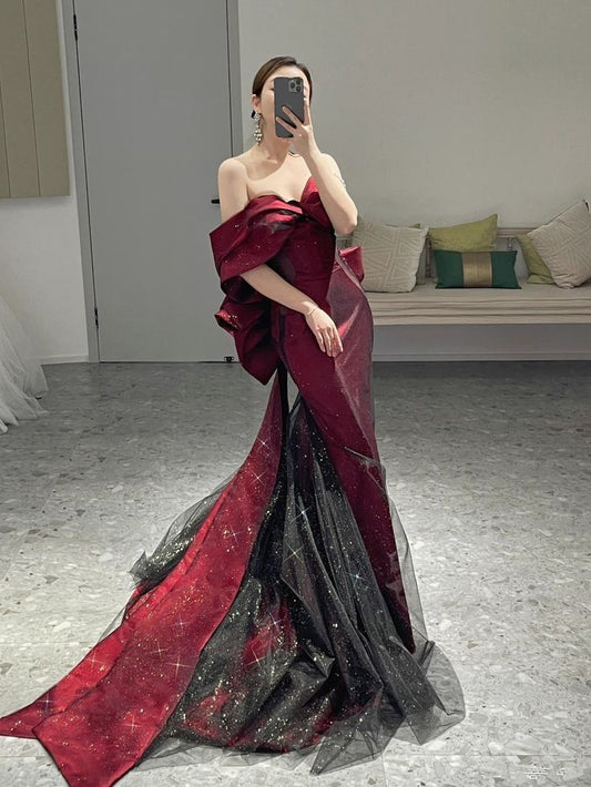 Classy Mermaid Off The Shoulder Burgundy Long Party Dress Sequin Prom Dresses SD1799