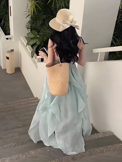 Cute A line Halter Ruffled Floral Blue Summer Holiday Dress Women's Long Vacation Dresses S180