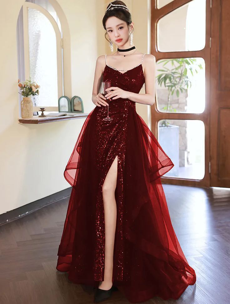 Sexy Mermaid Spaghetti Straps Floor Length Burgundy Sequin Long Prom Dresses SD1800