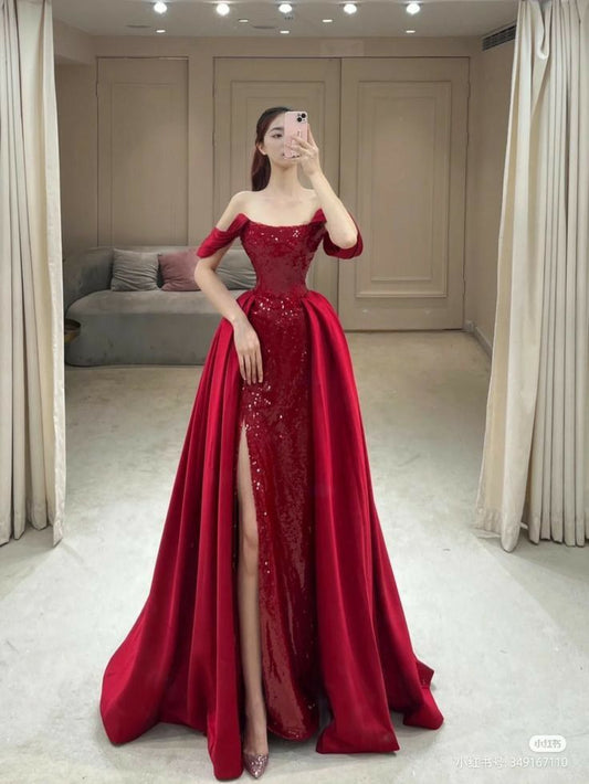 Classy Mermaid Off The Shoulder Red Long Party Dress Sequin Prom Dresses SD1801