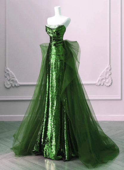 A-line Green Sequins and Tulle Long Prom Dress Green Evening Dress Formal Dress SD1804