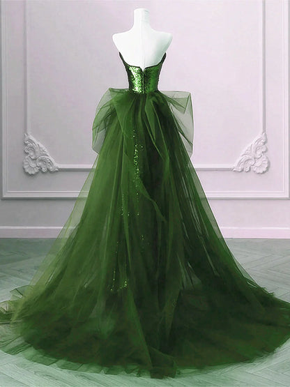 A-line Green Sequins and Tulle Long Prom Dress Green Evening Dress Formal Dress SD1804